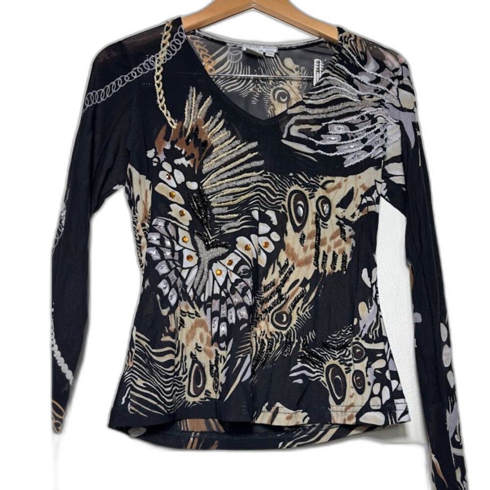 Alberto Makali Sheer Beaded Top Shirt sz Medium Black Animal Print Mesh y2k 90s